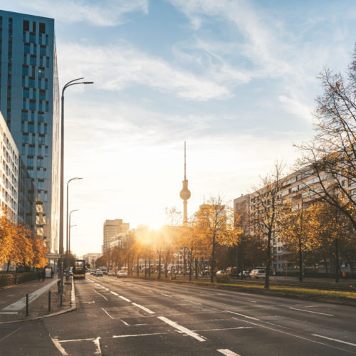 street view on berlin cityscape in autumn sun in with TV-Tower