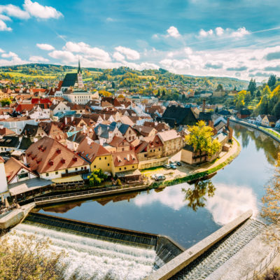 St. Vitus Church and cityscape Cesky Krumlov, Czech republic. Sunny autumn day. UNESCO World Heritage Site